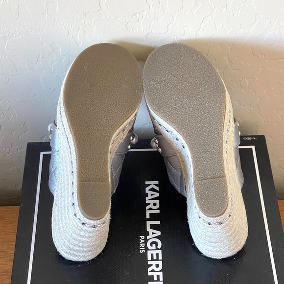 New Karl Lagerfeld Sandals 6.5 Camila Silver Pearl Stud Jute Platform Wedge - Picture 9 of 10